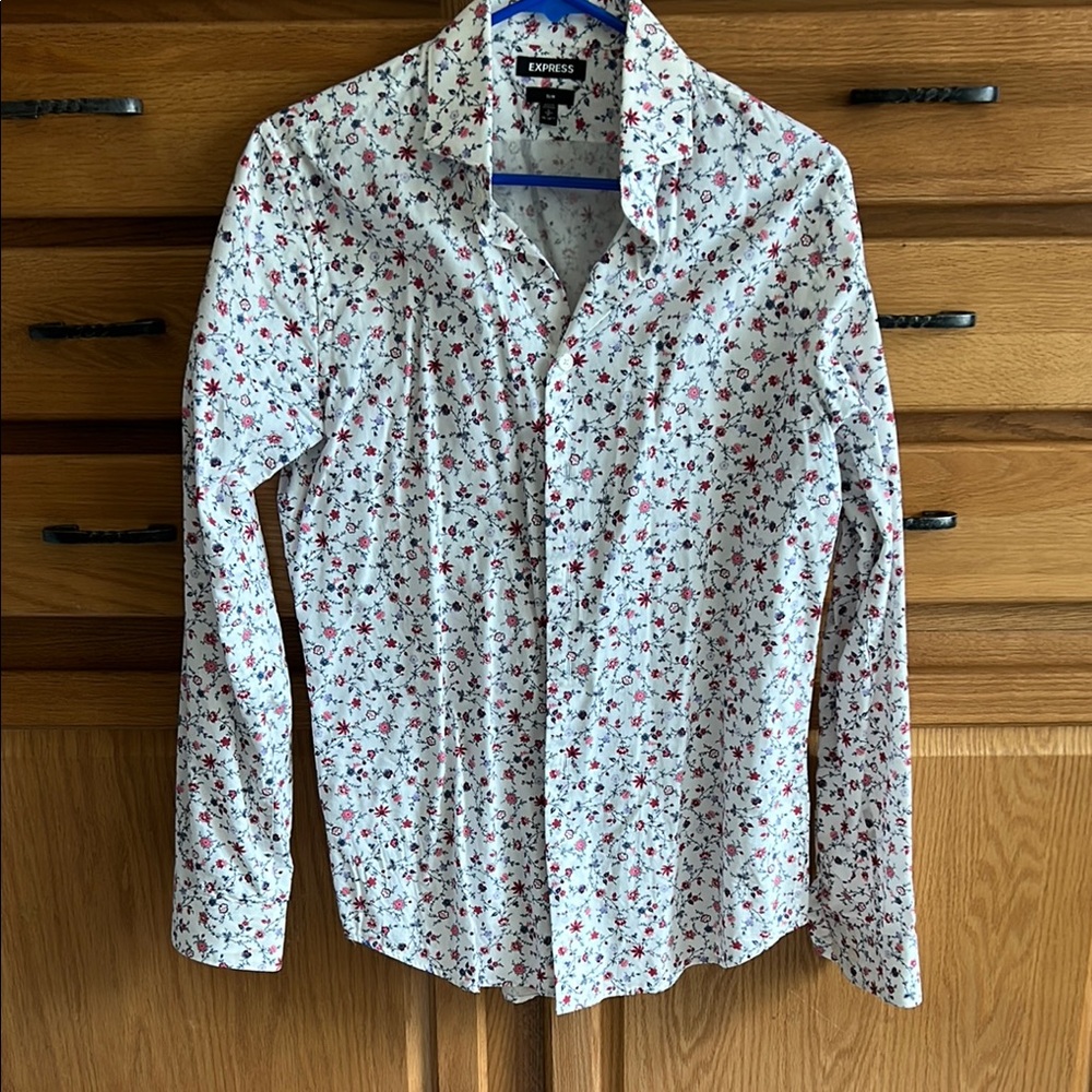 Express Men's White Shirt with Red Floral Pattern